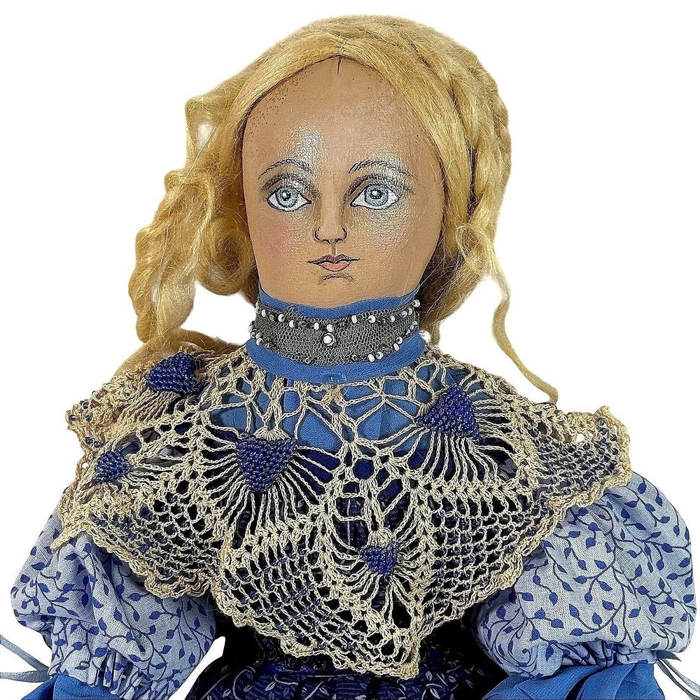 OOAK Czech Folk Art Cloth Doll 22.5" Handmade Signed Badruška Blue Dress - Picture 2 of 5